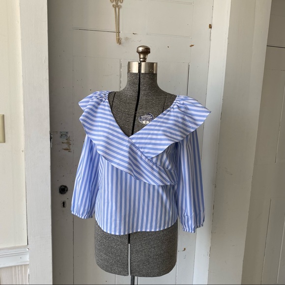 Sanctuary Icy Blue Stripe Ruffle Crossover Pirate Shirt Top Blouse - Picture 2 of 12